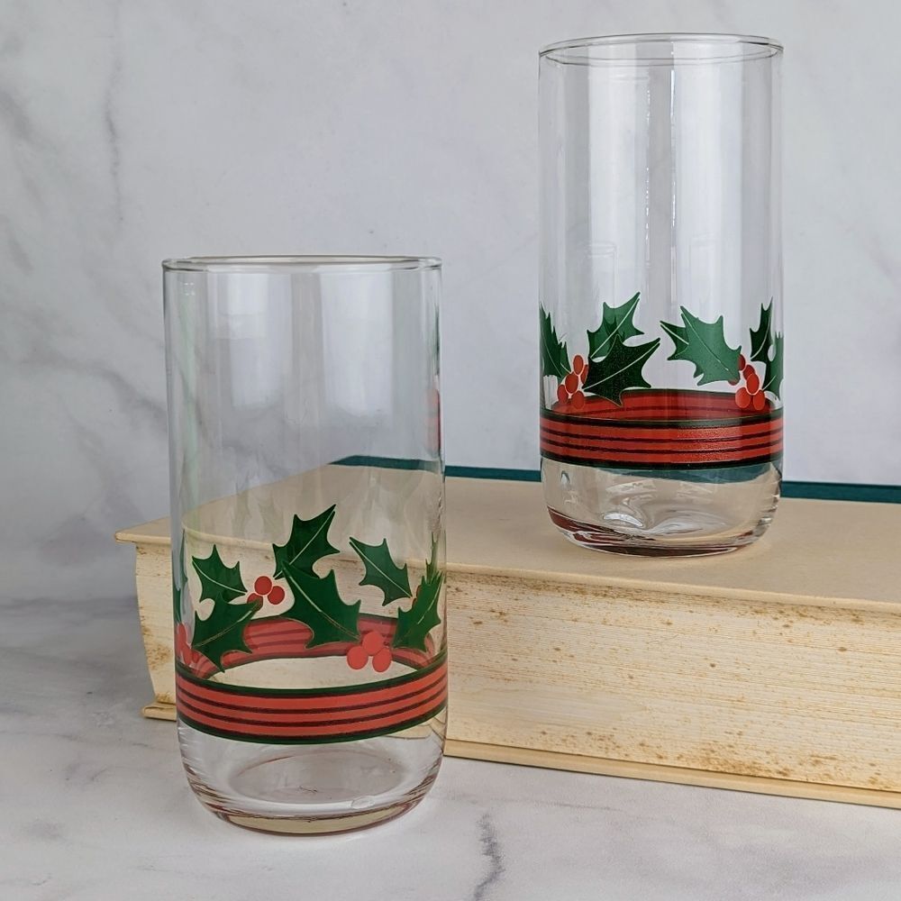 Vintage Libbey Christmas Holly Red Green Striped Highball Glasses Set of 2